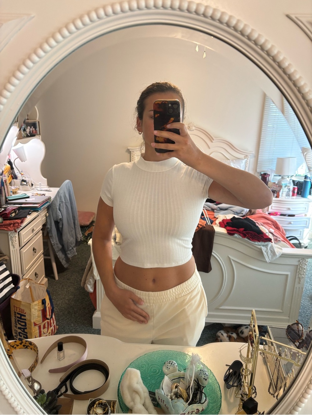 Women’s White Ribbed Short-Sleeve Crop Top